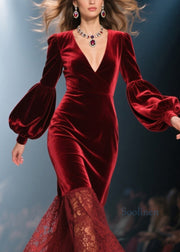 Handmade Red V Neck Lace Patchwork Velvet Dresses Fall