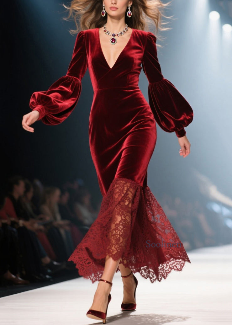 Handmade Red V Neck Lace Patchwork Velvet Dresses Fall