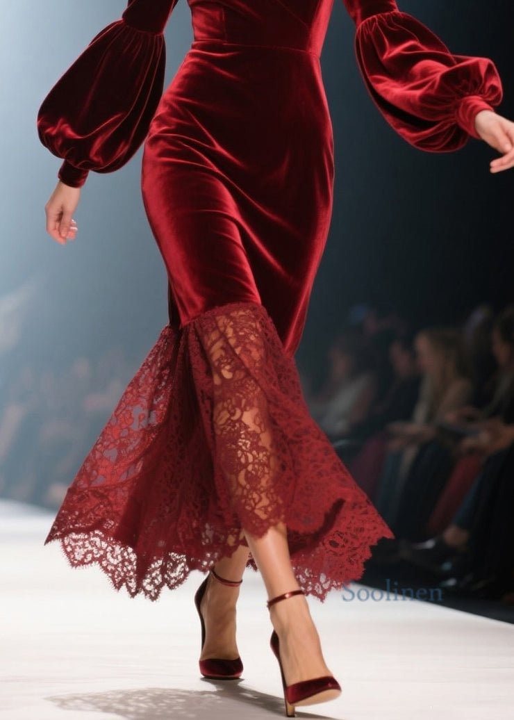 Handmade Red V Neck Lace Patchwork Velvet Dresses Fall