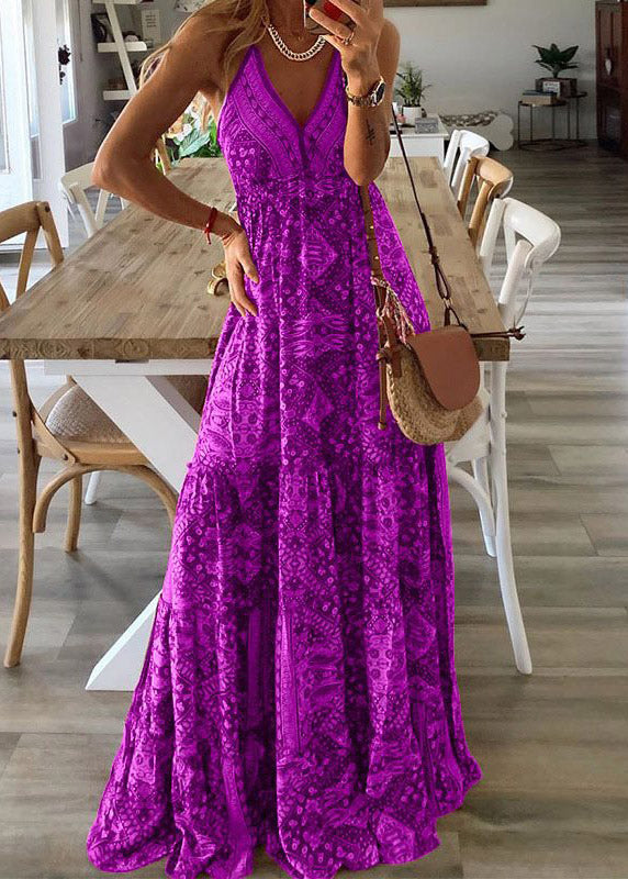 Handmade Red V Neck Print Cotton Spaghetti Strap Dress Summer