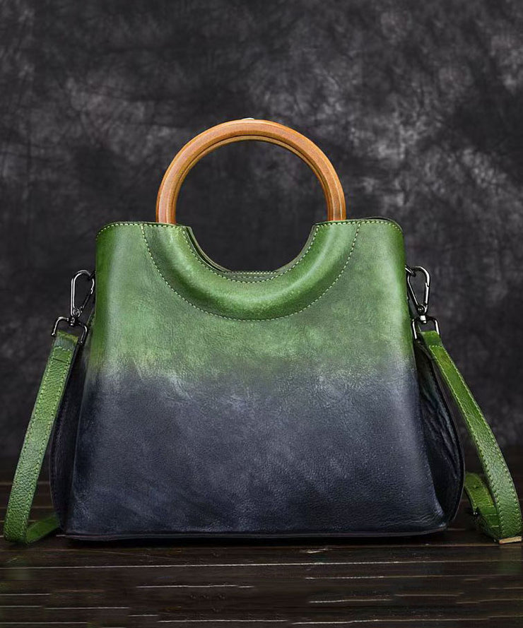 Handmade Retro Green Gradient Calf Leather Tote Bag