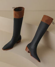 Handmade Splicing Chunky Boots Apricot Cowhide Leather Pointed Toe