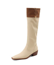 Handmade Splicing Chunky Boots Apricot Cowhide Leather Pointed Toe