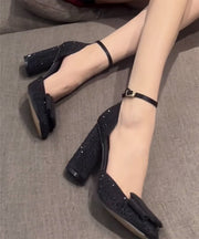 Handmade Splicing Chunky Heel Sandals Black Zircon Buckle Strap
