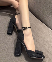 Handmade Splicing Chunky Heel Sandals Black Zircon Buckle Strap