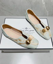 Handmade Splicing Penny Loafers Light Green Satin Embroidered