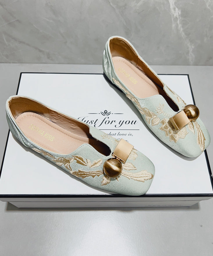 Handmade Splicing Penny Loafers Light Green Satin Embroidered