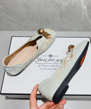 Handmade Splicing Penny Loafers Light Green Satin Embroidered