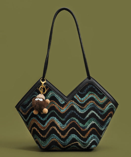 Handmade Striped Patchwork Faux Leather Woolen Shoulder Bags