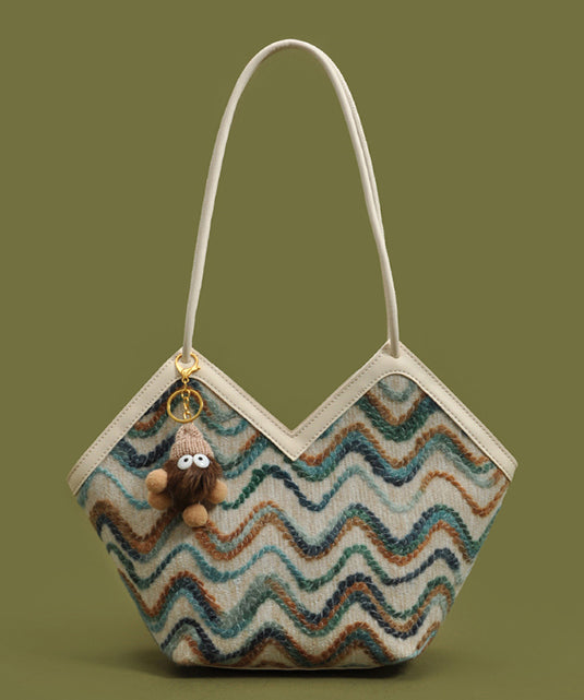 Handmade Striped Patchwork Faux Leather Woolen Shoulder Bags