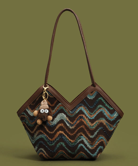 Handmade Striped Patchwork Faux Leather Woolen Shoulder Bags
