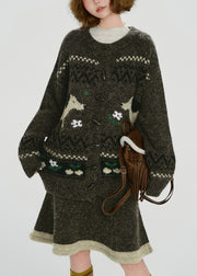 Handmade Tea Green Dog Jacquard Knit Two Pieces Set Spring