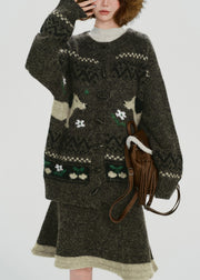 Handmade Tea Green Dog Jacquard Knit Two Pieces Set Spring