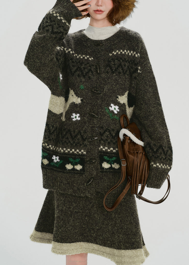 Handmade Tea Green Dog Jacquard Knit Two Pieces Set Spring