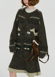 Handmade Tea Green Dog Jacquard Knit Two Pieces Set Spring