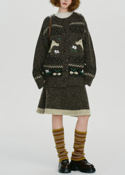 Handmade Tea Green Dog Jacquard Knit Two Pieces Set Spring