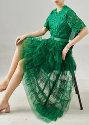 Handmade Tea Green Lace Patchwork Tulle Tunic Dress Summer