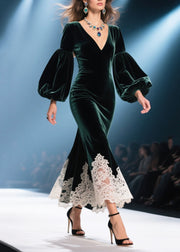 Handmade Tea Green V Neck Patchwork Lace Silk Velvet Wraped Dresses Spring