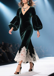 Handmade Tea Green V Neck Patchwork Lace Silk Velvet Wraped Dresses Spring