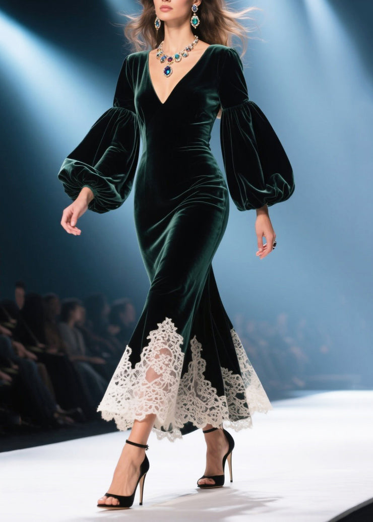 Handmade Tea Green V Neck Patchwork Lace Silk Velvet Wraped Dresses Spring