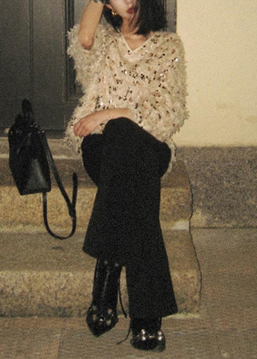 Handmade V Neck Tasseled Sequins Knit Sweaters Winter