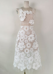 Handmade White Embroidered Hollow Out Lace Long Dress Sleeveless
