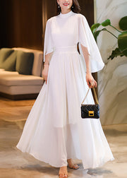 Handmade White Hign Neck Patchwork Chiffon Dress Flare Sleeve