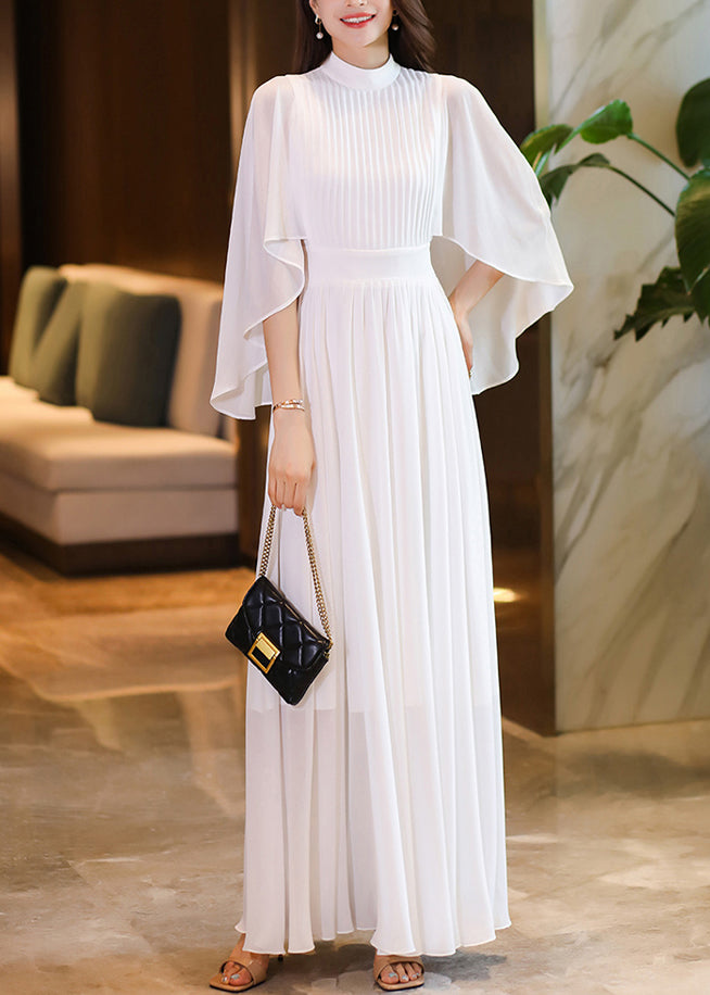 Handmade White Hign Neck Patchwork Chiffon Dress Flare Sleeve