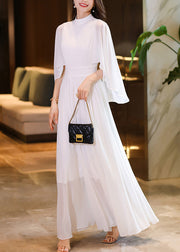 Handmade White Hign Neck Patchwork Chiffon Dress Flare Sleeve