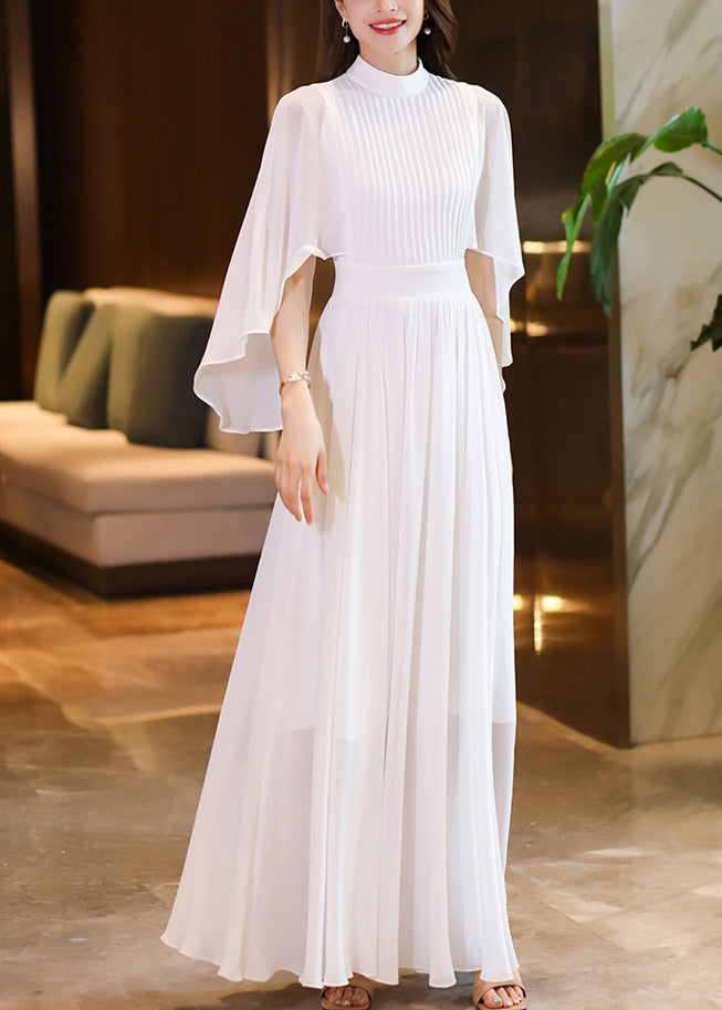 Handmade White Hign Neck Patchwork Chiffon Dress Flare Sleeve