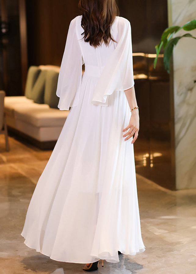 Handmade White Hign Neck Patchwork Chiffon Dress Flare Sleeve