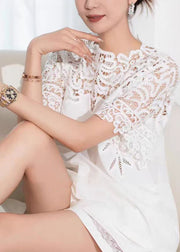 Handmade White Hollow Out Lace Patchwork Cotton Shirt Summer
