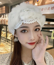 Handmade White Hollowed Out Flower Rabbit Hair Knitted Boonie Hat