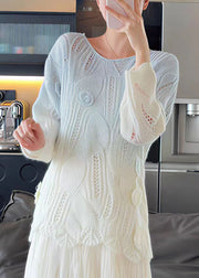 Handmade White O Neck Floral Knit Sweater Tops Fall