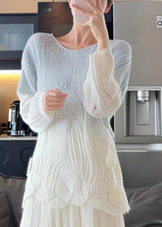 Handmade White O Neck Floral Knit Sweater Tops Fall