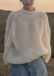 Handmade White Patchwork Solid Cotton Knit Sweaters Fall