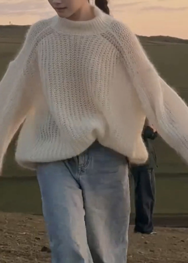 Handmade White Patchwork Solid Cotton Knit Sweaters Fall