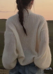 Handmade White Patchwork Solid Cotton Knit Sweaters Fall