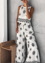 Handmade White Patchwork Vest And Wide Leg Pants Two Pieces Set Sleeveless