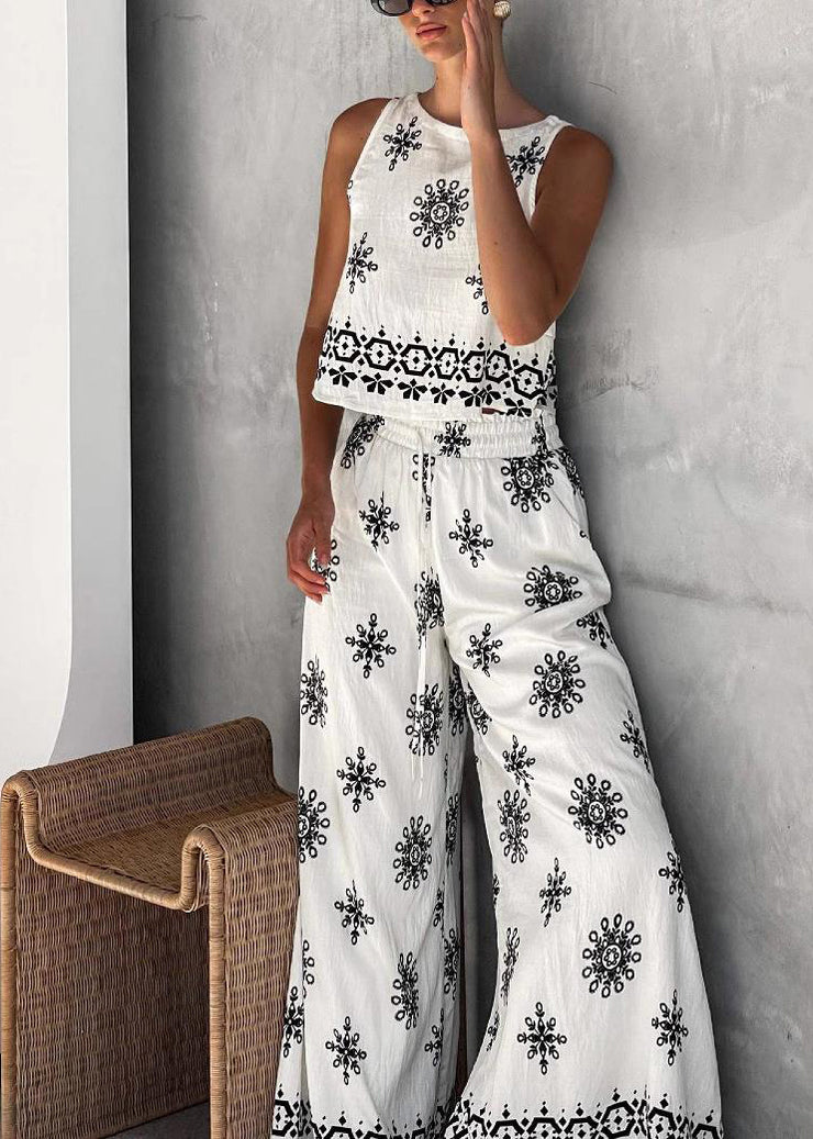 Handmade White Patchwork Vest And Wide Leg Pants Two Pieces Set Sleeveless