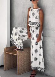 Handmade White Patchwork Vest And Wide Leg Pants Two Pieces Set Sleeveless