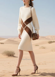 Handmade White Patchwork Warm Knit Dress Winter