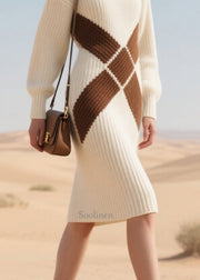 Handmade White Patchwork Warm Knit Dress Winter
