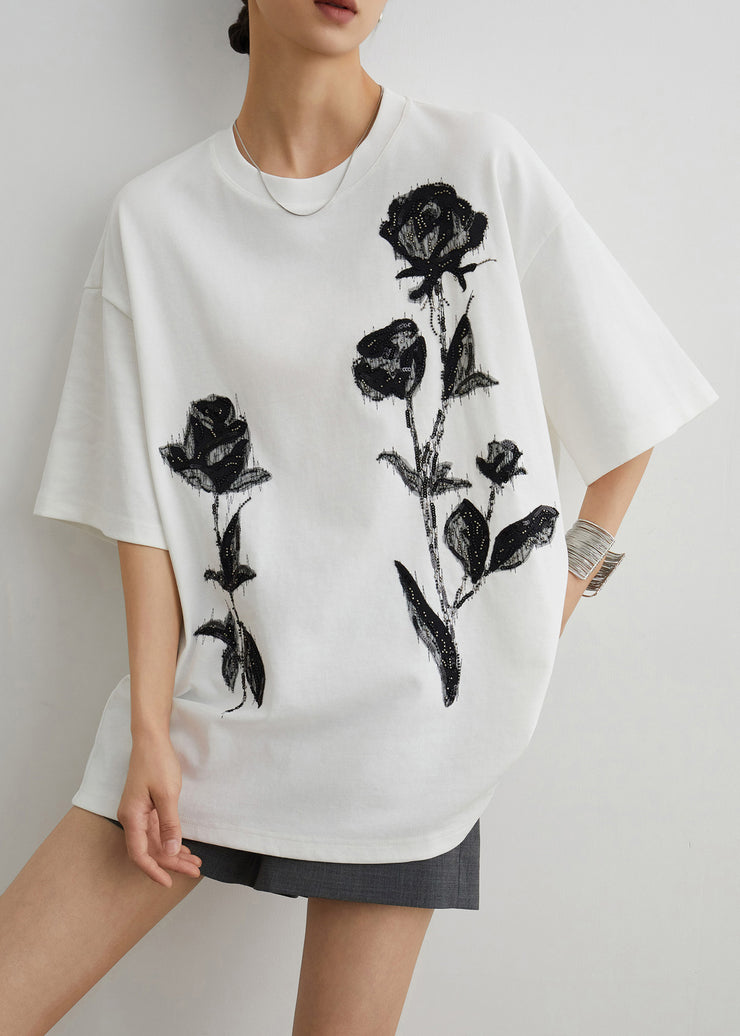 Handmade White Rose Nail Bead Cotton T Shirts Half Sleeve