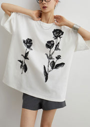 Handmade White Rose Nail Bead Cotton T Shirts Half Sleeve