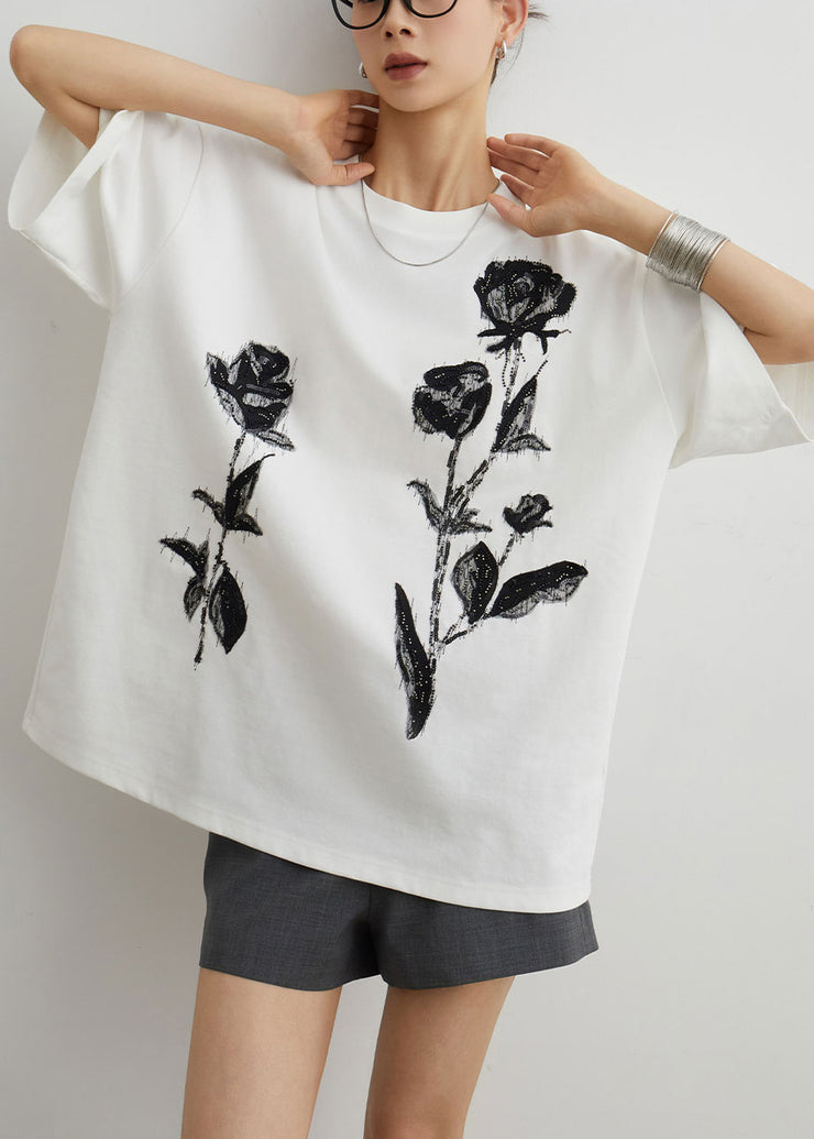 Handmade White Rose Nail Bead Cotton T Shirts Half Sleeve