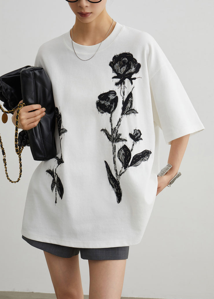 Handmade White Rose Nail Bead Cotton T Shirts Half Sleeve
