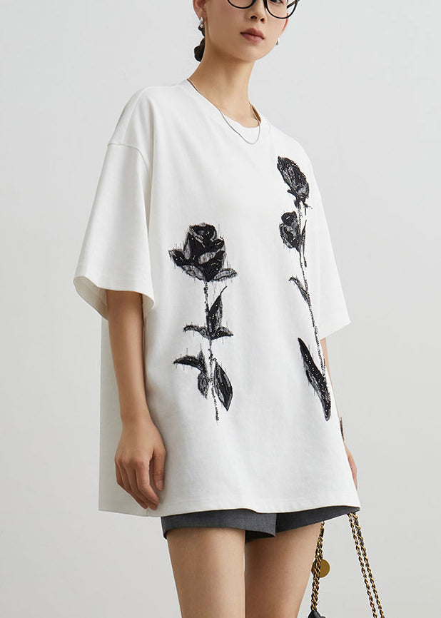Handmade White Rose Nail Bead Cotton T Shirts Half Sleeve