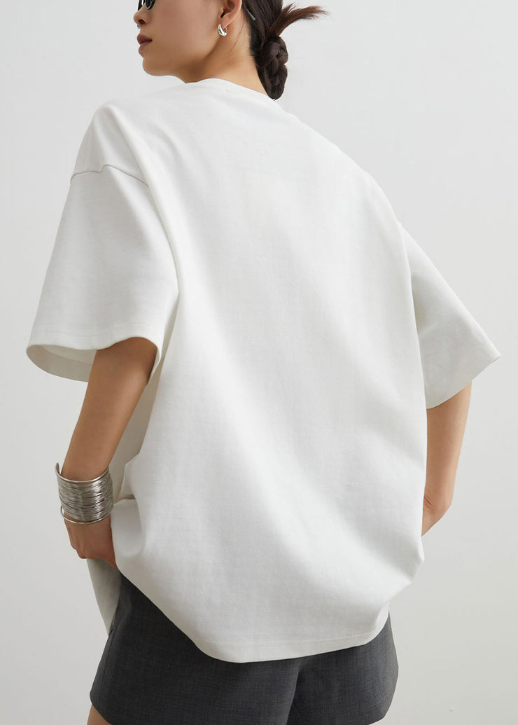 Handmade White Rose Nail Bead Cotton T Shirts Half Sleeve