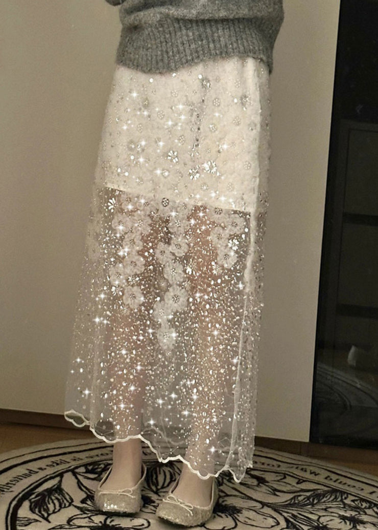 Handmade White Sequins Nail Bead Tulle Skirt Summer